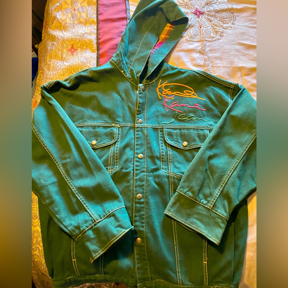 Karl Kani VINTAGE Jean jacket neon appliqué plaid inside hood Size M